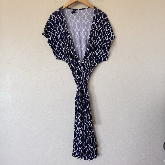 Tart Dress Navy Geometric Print Belted Cap Sleeve Feminine Wrap Dress - Picture 1 of 7